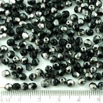 Round Faceted Fire Polished Czech Beads - Opaque Jet Black Metallic Dark Chrome Silver Half - 4mm