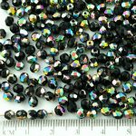 Round Faceted Fire Polished Czech Beads - Opaque Jet Black Metallic Vitrail Half - 4mm