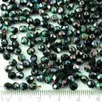 Round Faceted Fire Polished Czech Beads - Opaque Jet Black Metallic Apricot Medium Vitrail Luster Half - 4mm