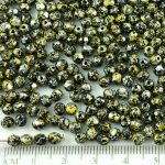 Round Faceted Fire Polished Czech Beads - Opaque Jet Black Granite Tweedy Yellow Silver Patina Spotted - 4mm