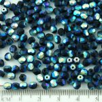 Round Faceted Fire Polished Czech Beads - Matte Metallic Opaque Jet Black Dark Blue Ab Half - 4mm