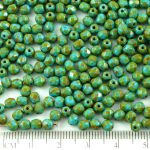Round Faceted Fire Polished Czech Beads - Picasso Brown Opaque Turquoise Blue - 4mm