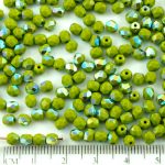 Round Faceted Fire Polished Czech Beads - Opaque Olivine Olive Green Ab Half - 4mm