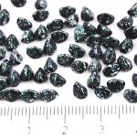 Pinch Czech Beads - Opaque Jet Black Granite Tweedy Green Silver Patina Spotted - 5mm