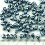Teardrop Czech Beads - Opaque Jet Black Granite Tweedy Blue Silver Patina Spotted - 6mm