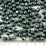 Round Faceted Fire Polished Czech Beads - Metallic Jet Black Silver Hematite Luster - 5mm