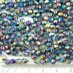 Round Faceted Fire Polished Czech Beads - Crystal Blue Pink Iris - 4mm