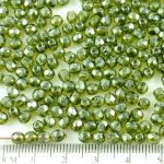 Round Faceted Fire Polished Czech Beads - Crystal Striped Moonlight Green Opal Luster - 4mm