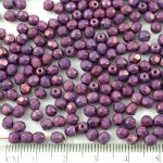 Round Faceted Fire Polished Czech Beads - White Alabaster Opal Vega Purple Luster - 4mm