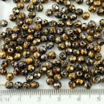 Round Faceted Fire Polished Czech Beads - Opaque Jet Black Granite Tweedy Gold Silver Patina Spotted - 4mm