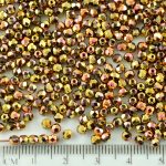 Round Faceted Fire Polished Czech Beads - Metallic California Gold Pink Half - 3mm