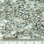 Round Faceted Fire Polished Czech Beads - Crystal Silver Rainbow Metallic Vitrail Half - 3mm