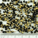 Round Faceted Fire Polished Czech Beads - Opaque Jet Black Metallic Amber Gold Half - 3mm