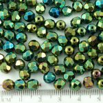 Round Faceted Fire Polished Czech Beads - Metallic Green Iris - 6mm
