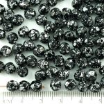 Round Faceted Fire Polished Czech Beads - Opaque Jet Black Granite Tweedy Silver Patina Spotted - 6mm