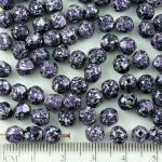 Round Faceted Fire Polished Czech Beads - Opaque Jet Black Granite Tweedy Violet Purple Silver Patina Spotted - 6mm