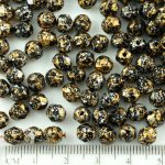 Round Faceted Fire Polished Czech Beads - Opaque Jet Black Granite Tweedy Gold Silver Patina Spotted - 6mm