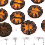 Flower Coin Window Table Cut Flat Czech Beads - Crystal Yellow Brown Rustic Picasso - 18mm