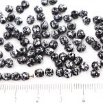 Round Faceted Fire Polished Czech Beads - Opaque Jet Black Granite Tweedy Silver Patina Spotted - 4mm