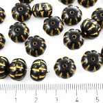 Squashed Melon Halloween Pumpkin Fruit Czech Beads - Opaque Jet Black Matte Gold Patina Wash - 11mm
