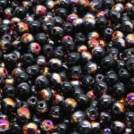 Round Czech Beads - Opaque Jet Black Metallic Sliperit Iris Gold Purple Half - 4mm