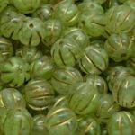 Melon Halloween Pumpkin Fruit Czech Beads - Crystal Olive Green Opal Gold Patina Wash - 8mm