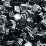 Two Hole Czech Beads - Opaque Jet Black Metallic Silver Half - 6mm