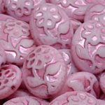 Oval With Flower Flower Czech Beads - White Opal Metallic Pink Patina - 21mm x 16mm