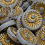 Nautilus Fossil Snails Seashell Ammonite Flat Round Spiral Coin Czech Beads - White Alabaster Opal Matte Gold Patina Wash - 18mm
