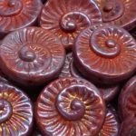 Nautilus Fossil Snails Seashell Ammonite Flat Round Spiral Coin Czech Beads - Nebula Purple Opaque Coraline Coral Red - 18mm