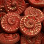 Nautilus Fossil Snails Seashell Ammonite Flat Round Spiral Coin Czech Beads - Opaque Coraline Coral Red Terracotta Bronze - 18mm