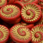 Nautilus Fossil Snails Seashell Ammonite Flat Round Spiral Coin Czech Beads - Opaque Coraline Coral Red Matte Gold Patina Wash - 18mm