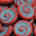 Nautilus Fossil Snails Seashell Ammonite Flat Round Spiral Coin Czech Beads - Opaque Coral Red Turquoise Patina Wash - 18mm