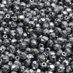 Round Faceted Fire Polished Czech Beads - Metallic Dark Silver Gray Hematite - 4mm