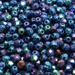 Round Faceted Fire Polished Czech Beads - Metallic Blue Purple Rainbow Iris - 4mm