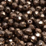 Round Faceted Fire Polished Czech Beads - Metallic Opaque Jet Black Copper Bronze Luster - 6mm