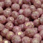 Round Faceted Fire Polished Czech Beads - White Alabaster Opal Purple Marble Luster - 8mm