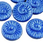 Nautilus Fossil Snails Seashell Ammonite Flat Round Spiral Coin Czech Beads - Opaque Dark Sapphire Blue Luster - 18mm