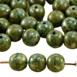 Round Czech Beads - Picasso Silver Brown Opaque Olive Green - 6mm