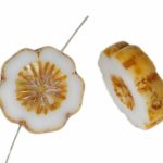Hawaiian Flower Coin Czech Flat Carved Table Cut Beads - Rustic Picasso Brown White - 14mm