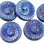 Nautilus Fossil Snails Seashell Ammonite Flat Round Spiral Coin Czech Beads - Nebula Purple Opaque Dark Blue Sapphire - 18mm