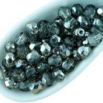 Round Faceted Fire Polished Czech Beads - Crystal Clear Metallic Dark Silver Chrome Half - 4mm