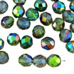 Round Faceted Fire Polished Czech Beads - Crystal Magic Metallic Purple Green Half - 8mm