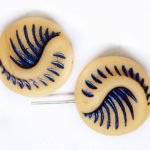 Fossil Shell Round Coin Czech Beads - Beige Metallic Blue Patina - 19mm x 19mm