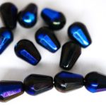 Faceted Firepolished Tear Drop Pear Teardrop Czech Beads - Opaque Jet Black Blue Azure - 8mm x 6mm