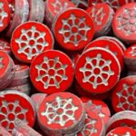 Flat Wheel Sea Coin Czech Beads - Red Table Cut Silver Patina - 12mm x 12mm