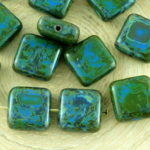 Square Flat Tile One Hole Czech Beads - Picasso Brown Opaque Opaque Medium Dark Blue Sapphire - 10mm