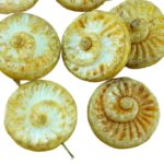 Nautilus Fossil Snails Seashell Ammonite Flat Round Spiral Coin Czech Beads - Picasso Brown Honey Yellow White Luster - 18mm
