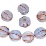 Melon Halloween Pumpkin Fruit Czech Beads - Crystal Opal Striped Blue Bronze Patina Wash - 8mm