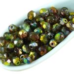 Round Faceted Fire Polished Czech Beads - Crystal Clear Magic Metallic Green Yellow Pink Half - 4mm